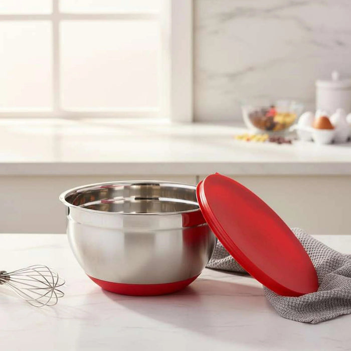 Martha Stainless Steel Mixing Bowl With Lid Dia26Cm -Chrome & Red Pan Home