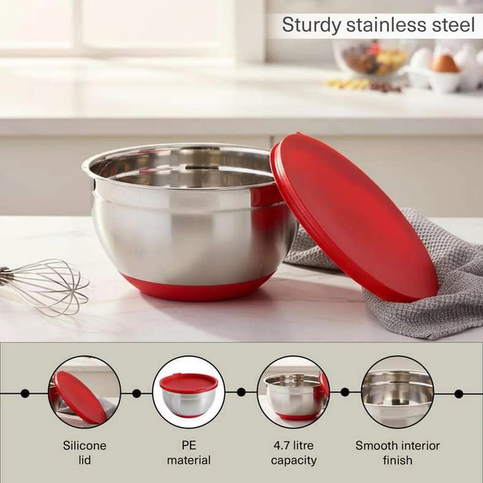 Martha Stainless Steel Mixing Bowl With Lid Dia26Cm -Chrome & Red Pan Home