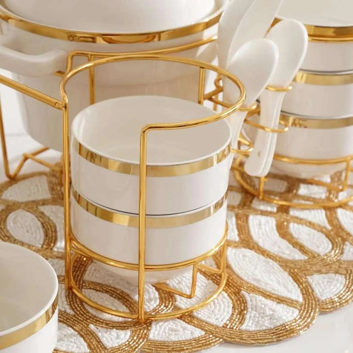 Masar 15-Piece Soup Serving Set With Stand - White & Gold