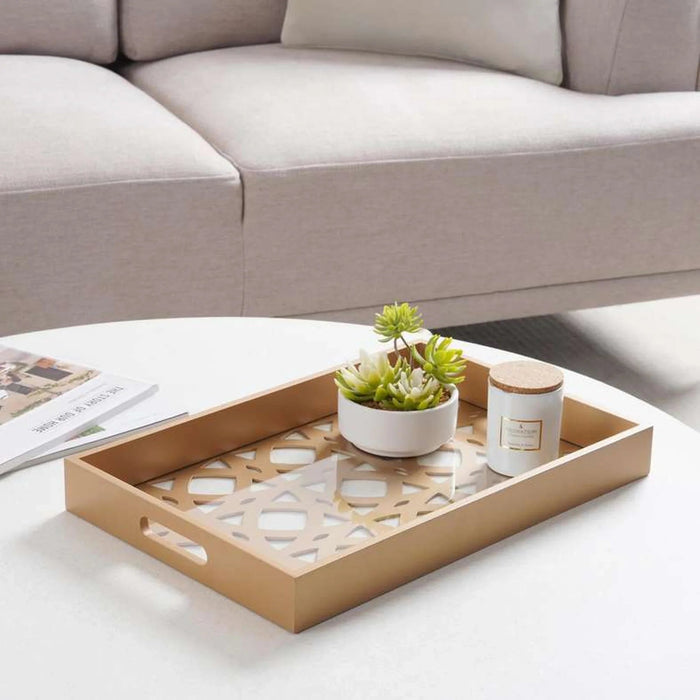Mashrabiya Wooden Decorative Tray 45X30X5Cm- Gold Pan Home