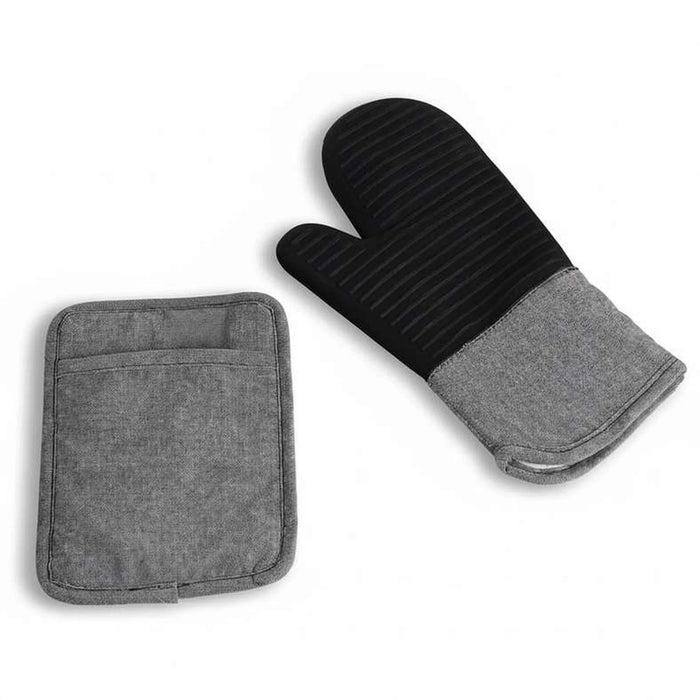 Melnage Silcone Oven Mitten With Pot Holder Set- Grey
