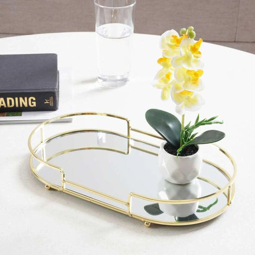 Melora Oval Metal Tray With Glass Mirror 32X18X4.6Cm- Gold Pan Home