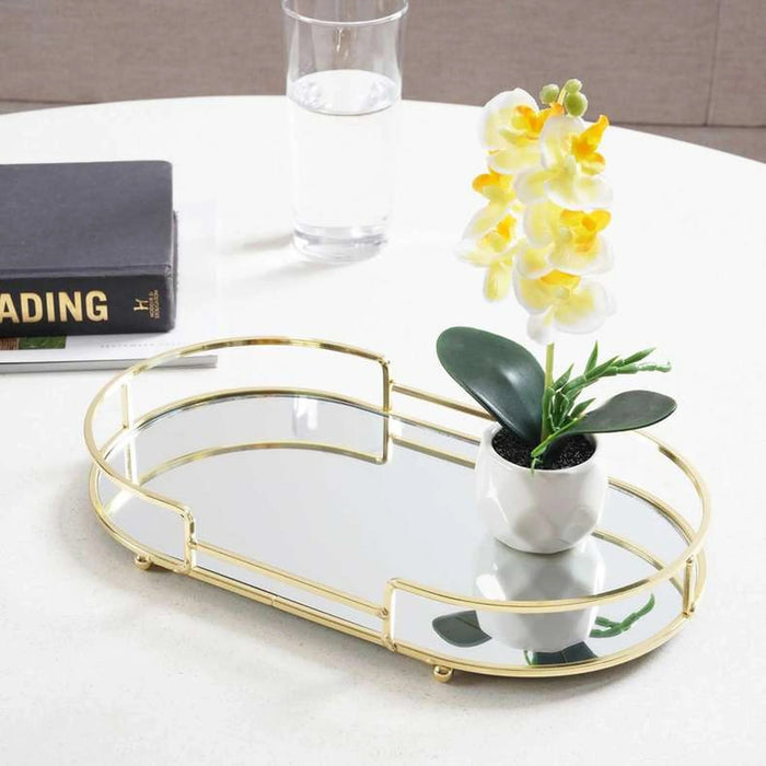Melora Oval Metal Tray With Glass Mirror 32X18X4.6Cm- Gold Pan Home