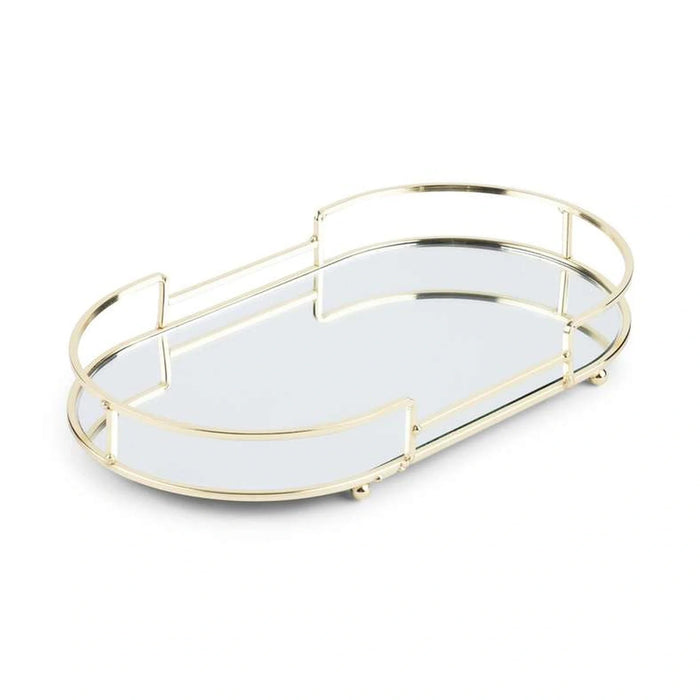 Melora Oval Metal Tray With Glass Mirror 32X18X4.6Cm- Gold Pan Home