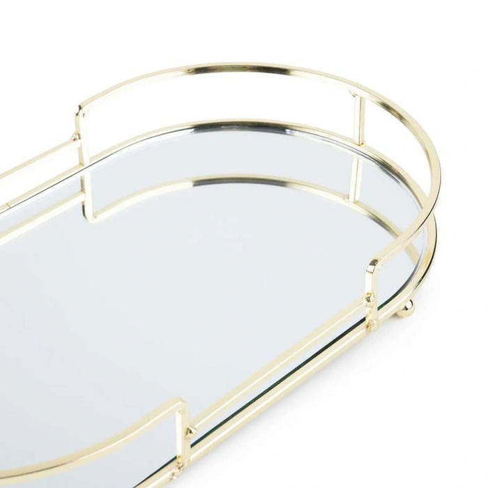 Melora Oval Metal Tray With Glass Mirror 32X18X4.6Cm- Gold Pan Home