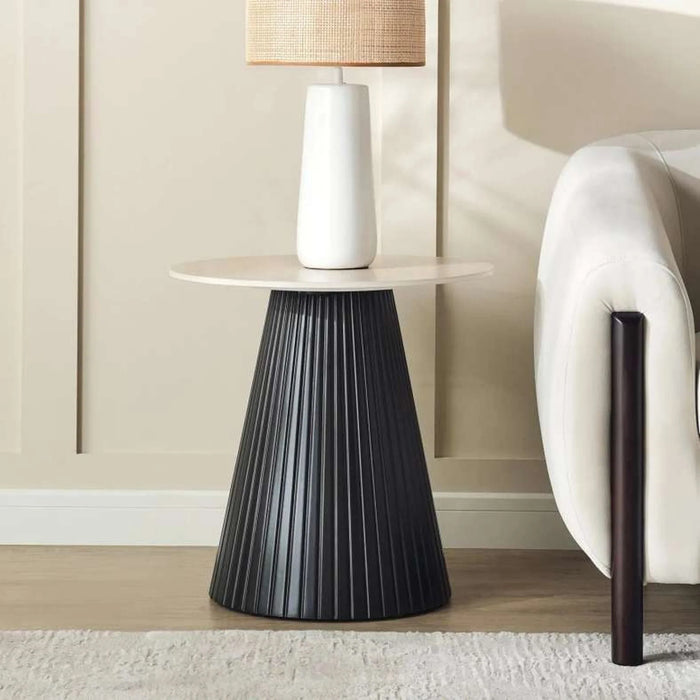 Merla End Table Sitered Stone - Beige & Black