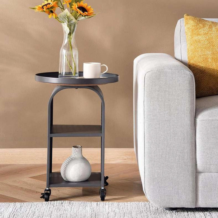 Michi End Table With 4 Wheel Metal Pan Home