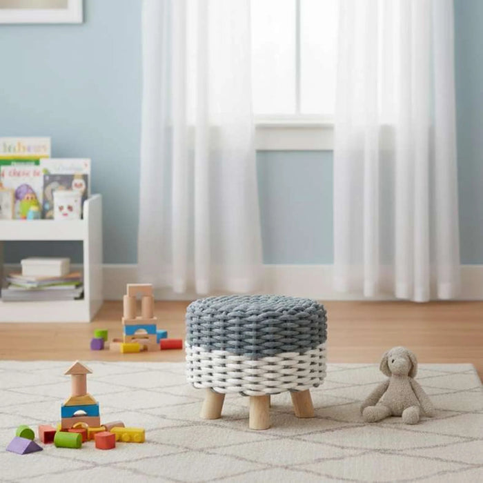 Milan Cable Knit Kids Foot Stool 30X29Cm - White/Grey