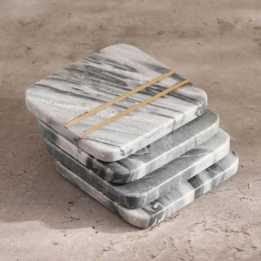 Mison 4-Piece Marble Coaster With Brass Inlay Dia10X1.5cm -Grey Pan Home