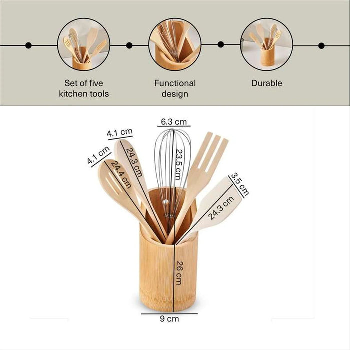Natura 5-Piece Bamboo Kitchen Utensils Set With Holder - Natural Pan Home