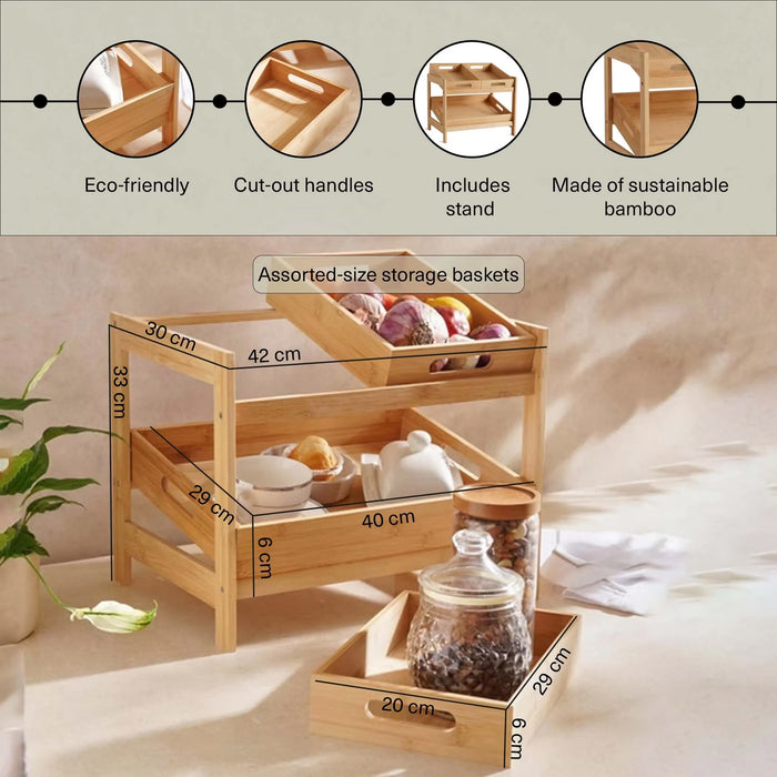Natura Bamboo 3-Piece Kitchen Basket With Stand - Natural