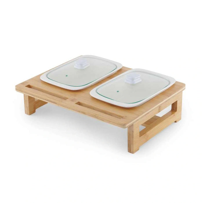 Natura Dual Rectangular Food Warmer With Bamboo Stand 3.3L - White