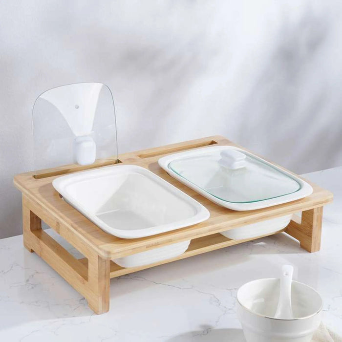 Natura Dual Rectangular Food Warmer With Bamboo Stand 3.3L - White