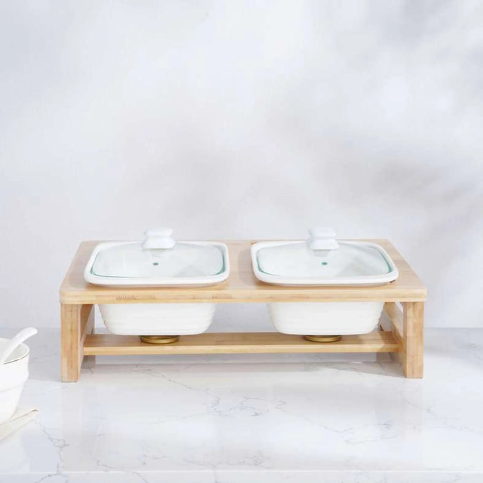 Natura Dual Rectangular Food Warmer With Bamboo Stand 3.3L - White