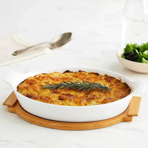 Natura Oval Baking Dish With Bamboo Base 1.4L- White Pan Home