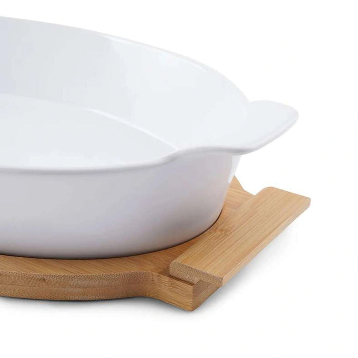 Natura Oval Baking Dish With Bamboo Base 1.4L- White Pan Home