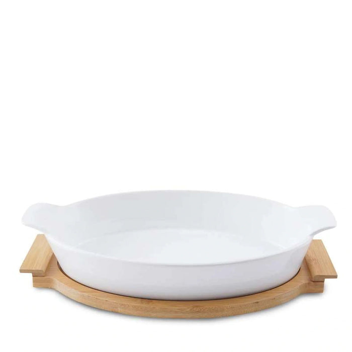 Natura Oval Baking Dish With Bamboo Base 1.4L- White Pan Home