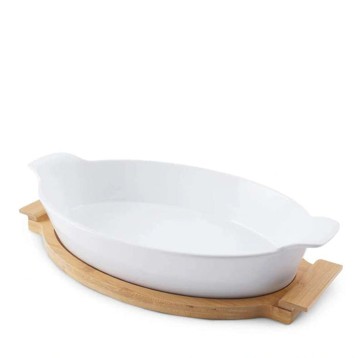Natura Oval Baking Dish With Bamboo Base 1.4L- White Pan Home