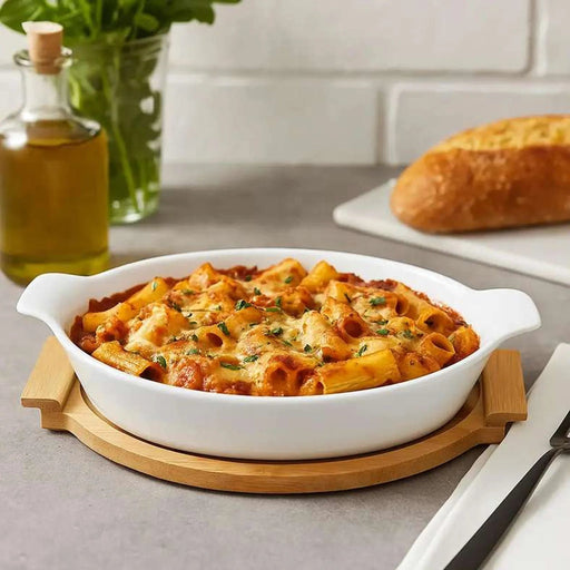 Natura Oval Baking Dish With Bamboo Base 2.2L- White Pan Home