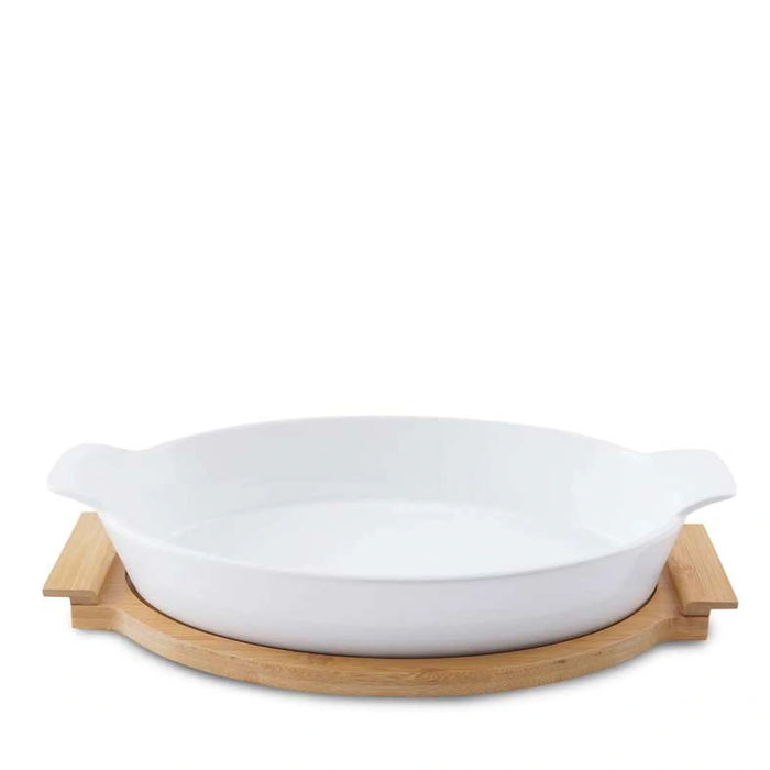 Natura Oval Baking Dish With Bamboo Base 2.2L- White