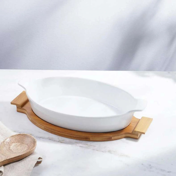 Natura Oval Baking Dish With Bamboo Base 800Ml- White