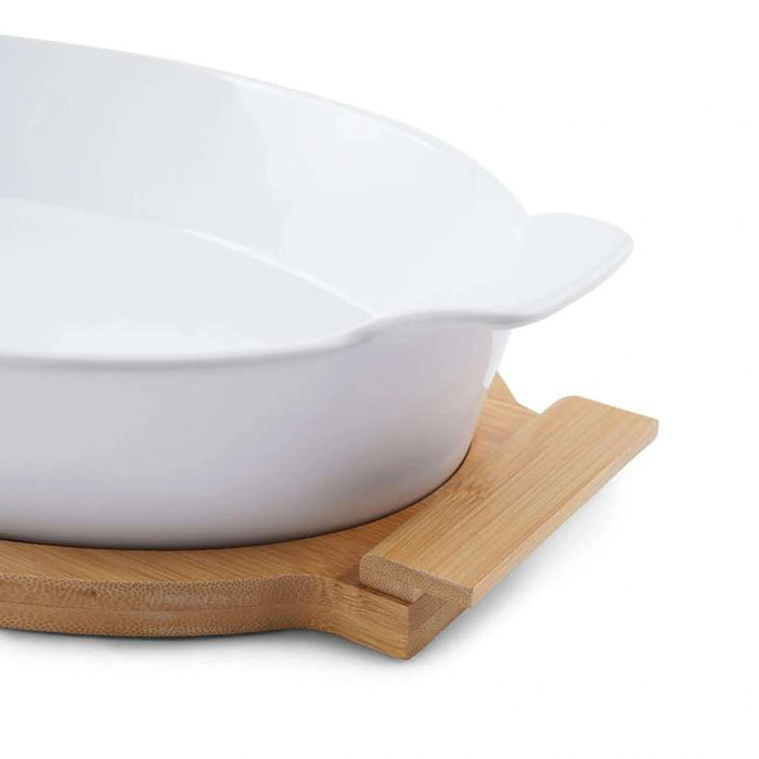 Natura Oval Baking Dish With Bamboo Base 800Ml- White