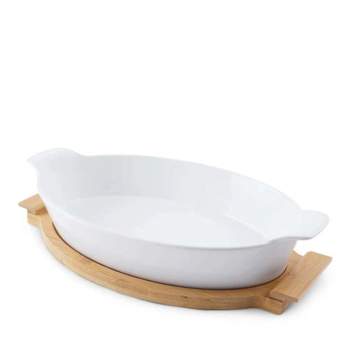 Natura Oval Baking Dish With Bamboo Base 800Ml- White