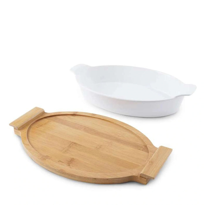 Natura Oval Baking Dish With Bamboo Base 800Ml- White