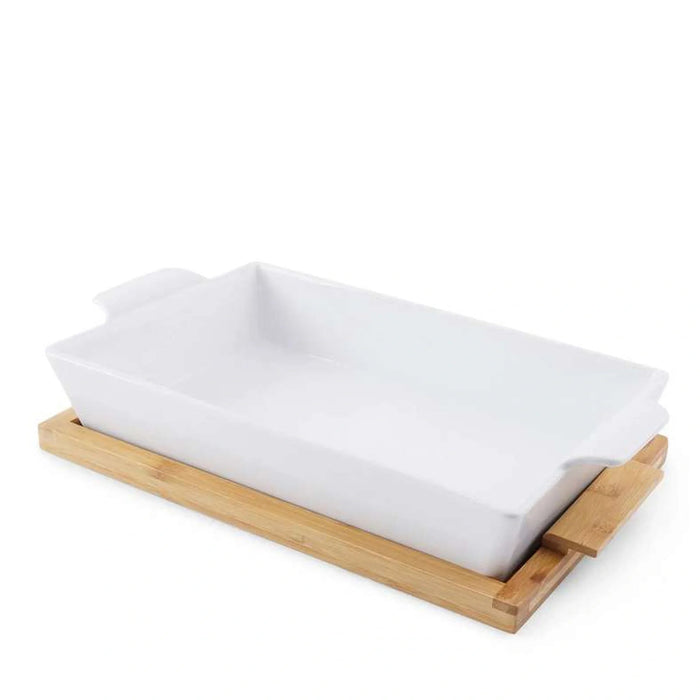Natura Rectangular Baking Dish With Bamboo Base 800Ml- White Pan Home