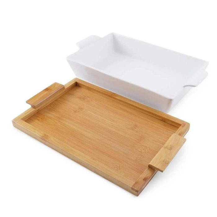 Natura Rectangular Baking Dish With Bamboo Base 800Ml- White Pan Home