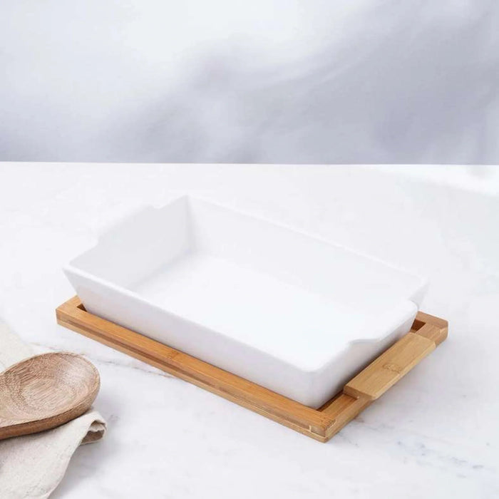 Natura Rectangular Baking Dish With Bamboo Lid 1.4L- White Pan Home
