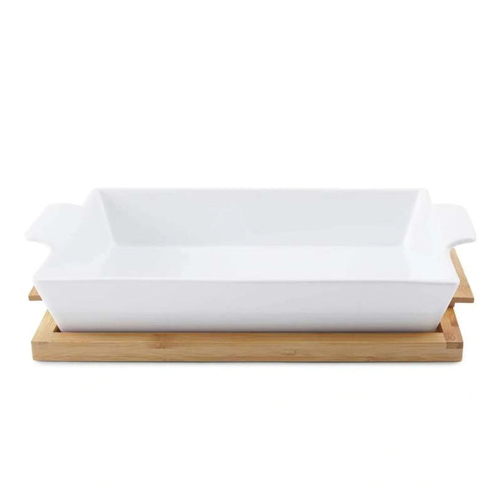 Natura Rectangular Baking Dish With Bamboo Lid 1.4L- White Pan Home