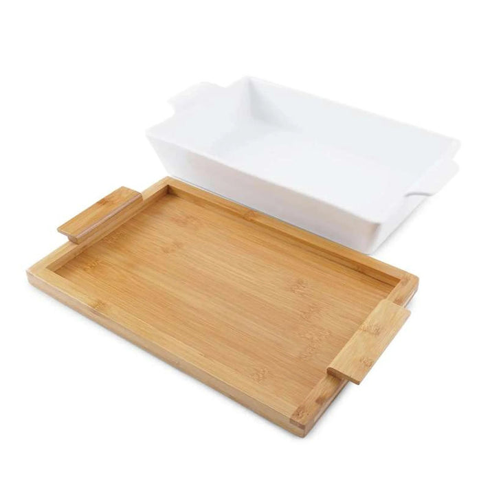 Natura Rectangular Baking Dish With Bamboo Lid 1.4L- White Pan Home