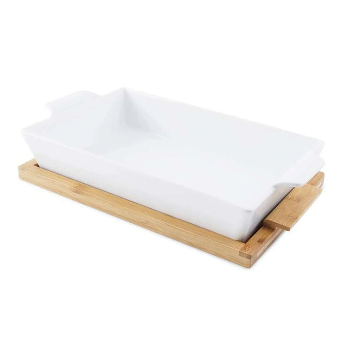 Natura Rectangular Baking Dish With Bamboo Lid 1.4L- White Pan Home