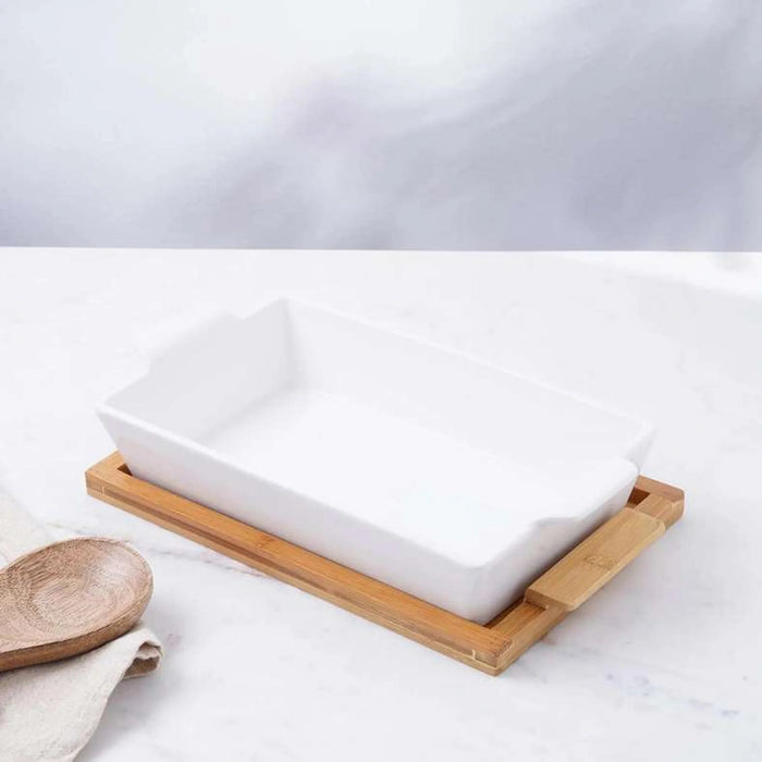 Natura Rectangular Baking Dish With Bamboo Lid 2.2L- White Pan Home