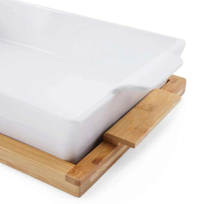 Natura Rectangular Baking Dish With Bamboo Lid 2.2L- White Pan Home
