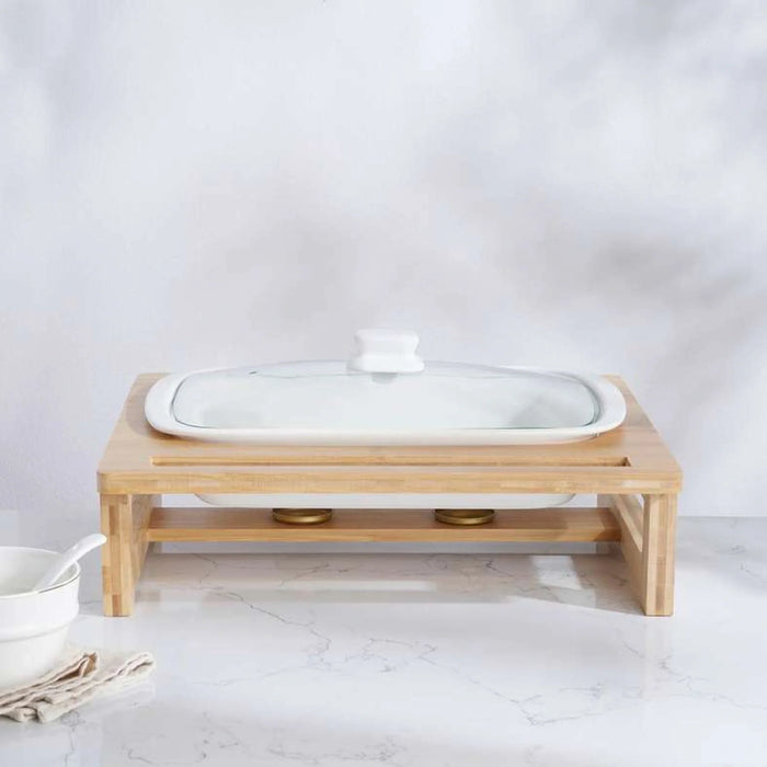 Natura Rectangular Food Warmer With Bamboo Stand 3L - White