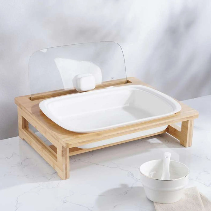 Natura Rectangular Food Warmer With Bamboo Stand 3L - White