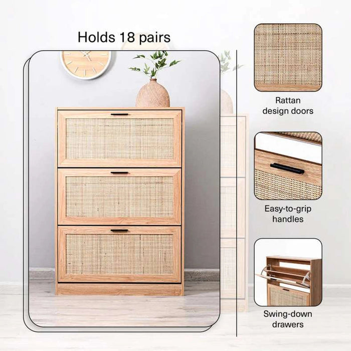 Oaktree Shoe Rack 18 Pairs With 3 Drawer - Natural Pan Home