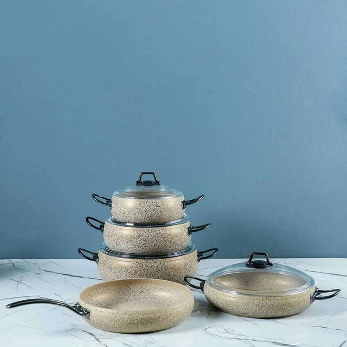 Oms 9Pcs Granitec Cookware Set Beige Pan Home