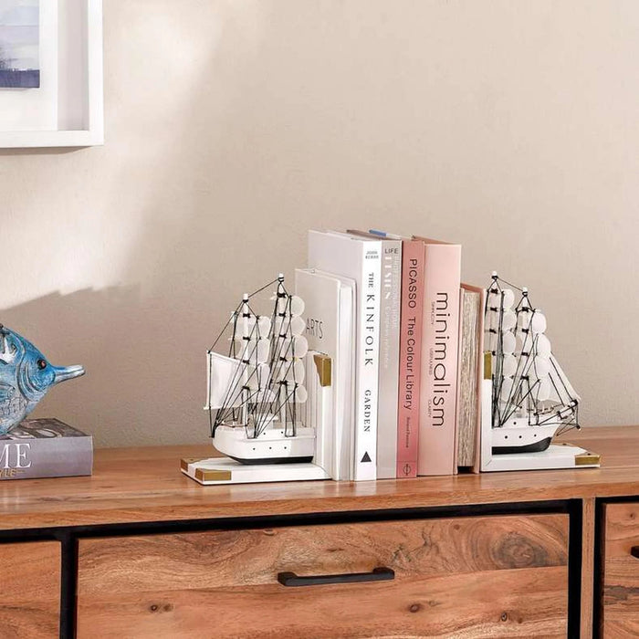 Orca Wooden Boat Bookend 30.5X9.5X23Cm - White Pan Home