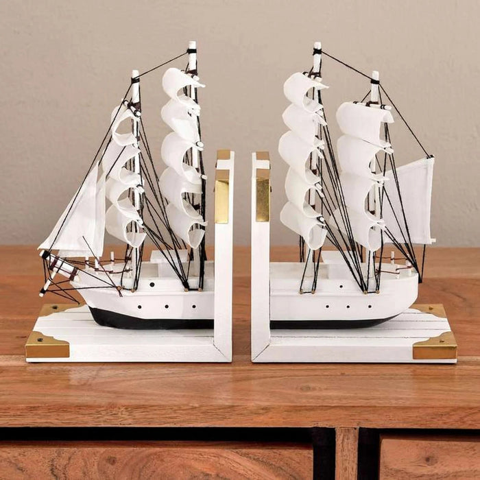 Orca Wooden Boat Bookend 30.5X9.5X23Cm - White Pan Home