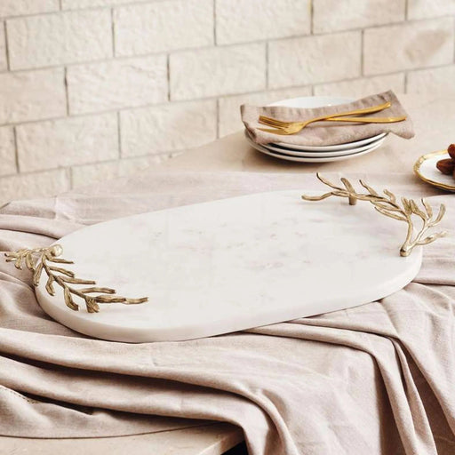 Ornate Marble Serving Tray With Metal Handle 48X28X6Cm- White Gold Pan Home