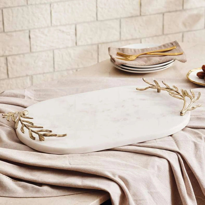 Ornate Marble Serving Tray With Metal Handle 48X28X6Cm- White Gold Pan Home