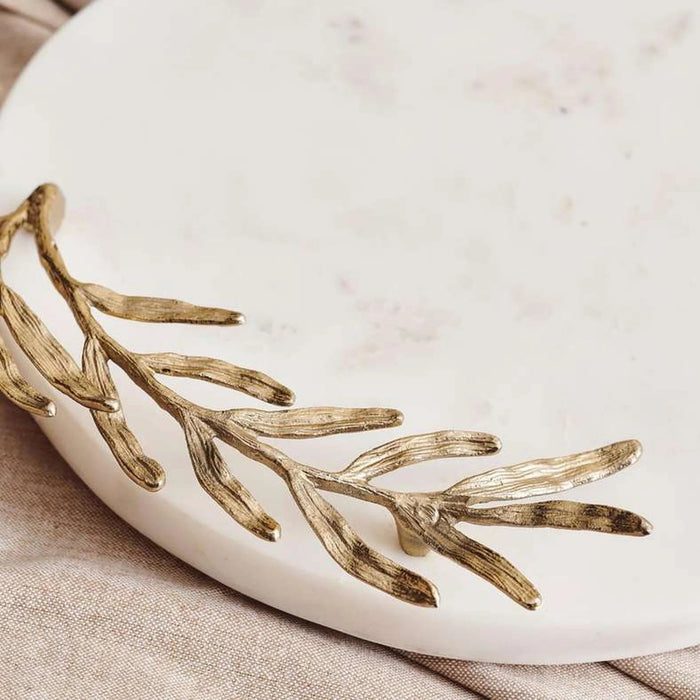 Ornate Marble Serving Tray With Metal Handle 48X28X6Cm- White Gold Pan Home