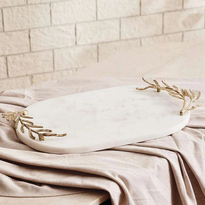 Ornate Marble Serving Tray With Metal Handle 48X28X6Cm- White Gold Pan Home