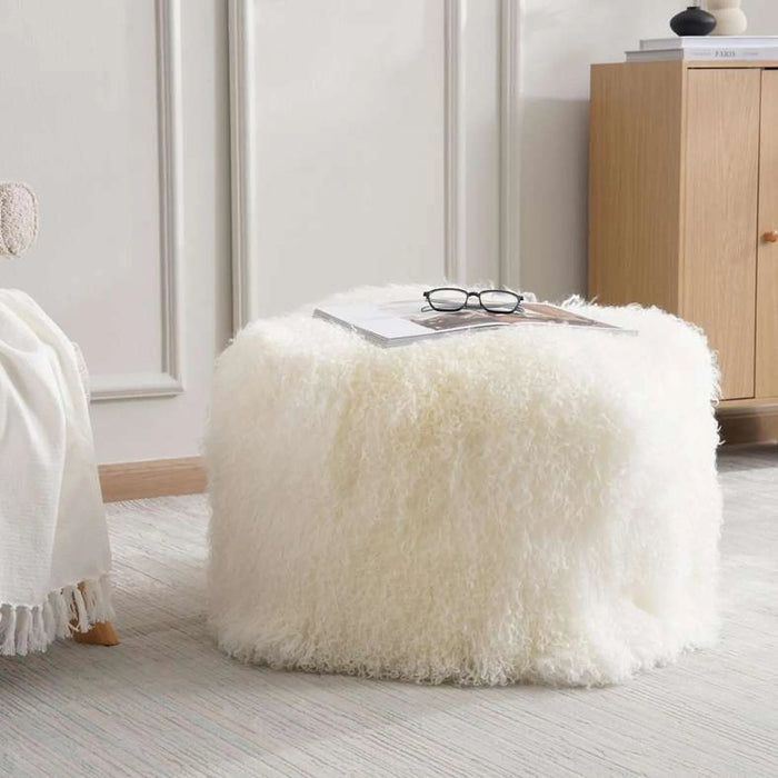 Orra Mongolian Fur Pouf 45X45X40Cm - Ivory