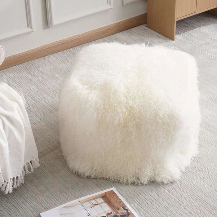 Orra Mongolian Fur Pouf 45X45X40Cm - Ivory