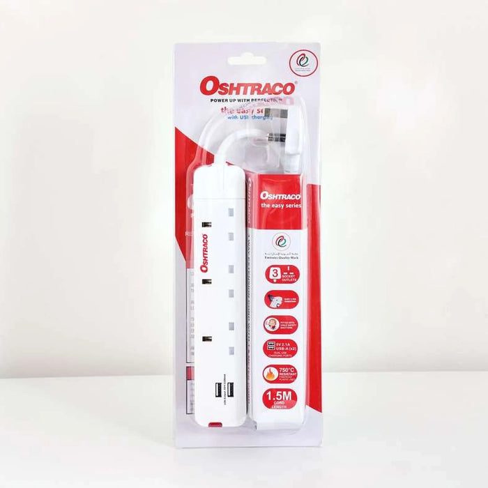 Oshtraco 3-Way Extension With 2-Usb Port 1.5M Cord 15.5X9X4.5Cm - White