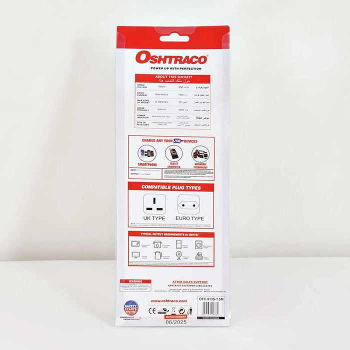 Oshtraco 3-Way Extension With 2-Usb Port 1.5M Cord 15.5X9X4.5Cm - White